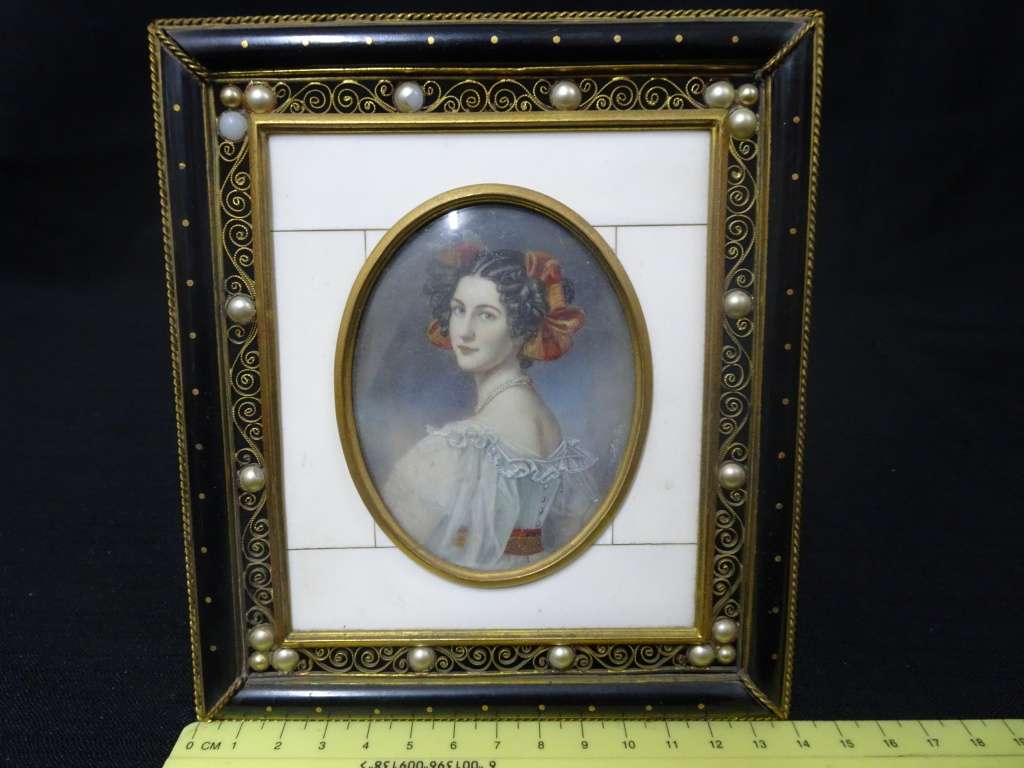 Antique Set Of Two Miniature 19th Century Signed Portrait Paintings In Ornate Frame-See Description
