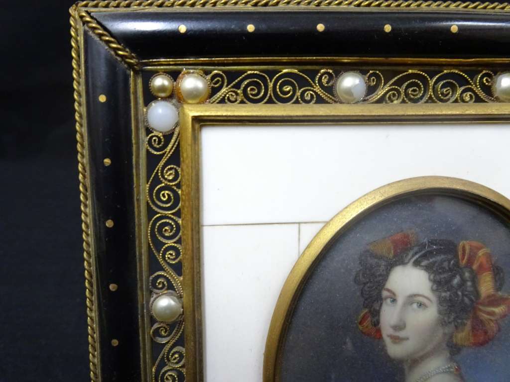 Antique Set Of Two Miniature 19th Century Signed Portrait Paintings In Ornate Frame-See Description