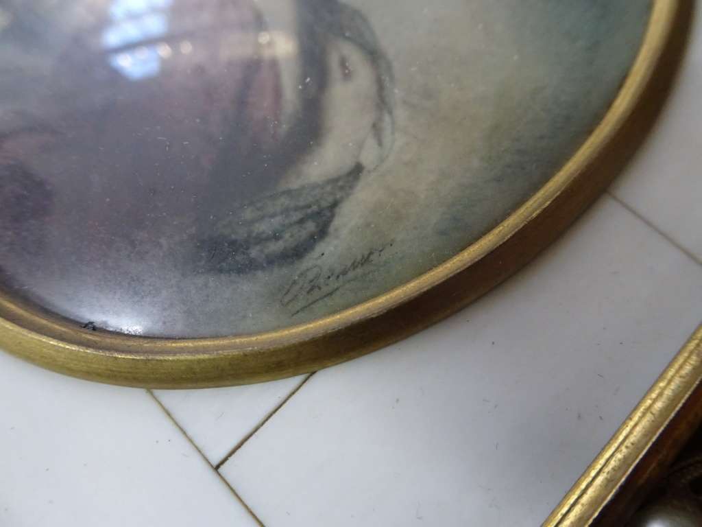 Antique Set Of Two Miniature 19th Century Signed Portrait Paintings In Ornate Frame-See Description