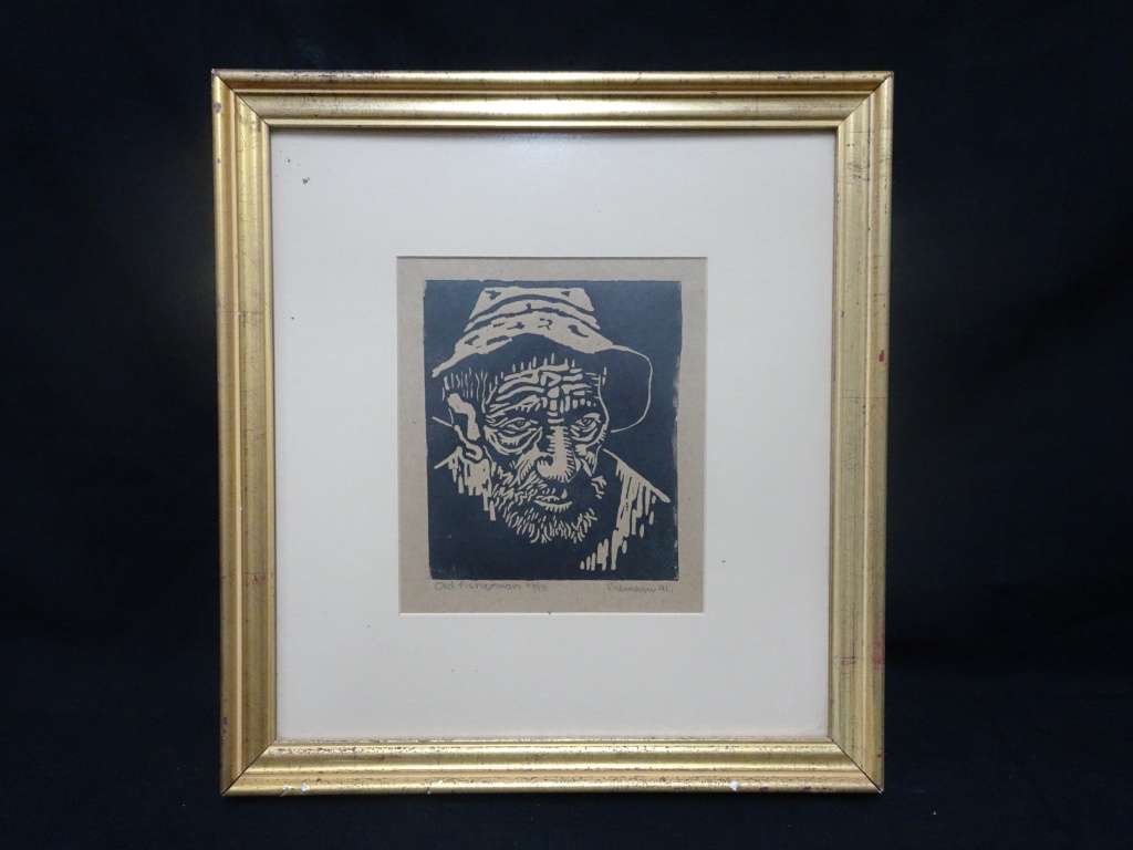 Stunning Hennie Niemann Senior Old Fisherman Linocut - See Description