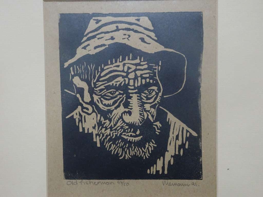 Stunning Hennie Niemann Senior Old Fisherman Linocut - See Description