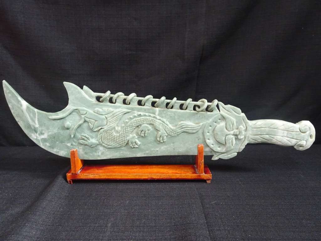 RARE Vintage Ornate Jade Dragon Sword - See My Description - W: 49cm / H: 17cm