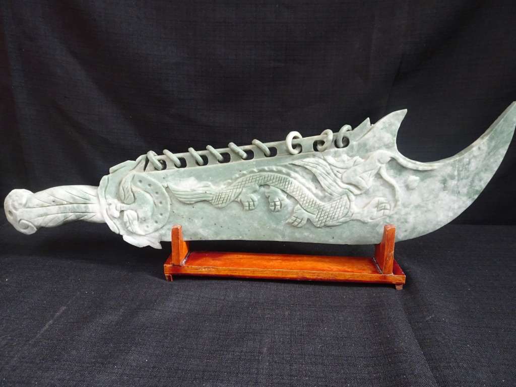 RARE Vintage Ornate Jade Dragon Sword - See My Description - W: 49cm / H: 17cm