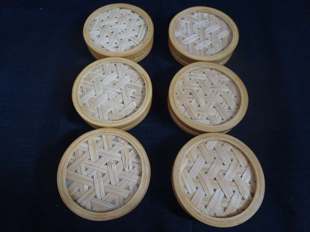 Vintage Asian Bamboo Serving Tray And Six Coasters With Glass - Made In China