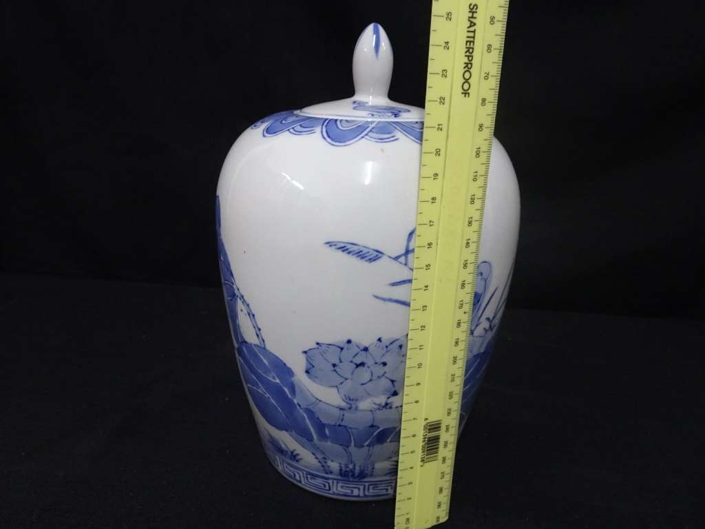 Rare Water Lilies Hand Painted Large Porcelain Jar With Lid-Blue and White Series-Made In China