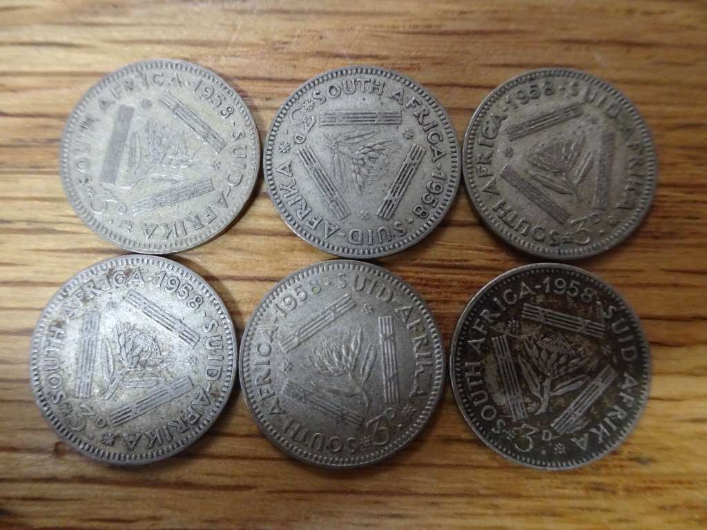Six Of Union Of South Africa 1958 Silver Three Pence Coins