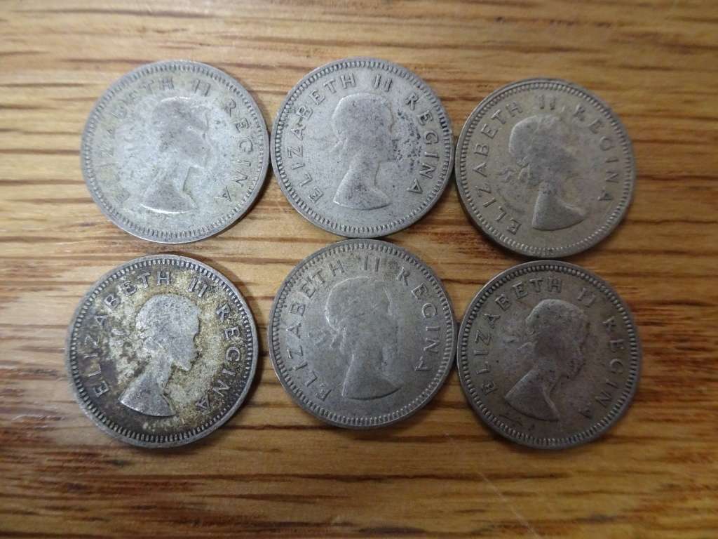 Six Of Union Of South Africa 1958 Silver Three Pence Coins