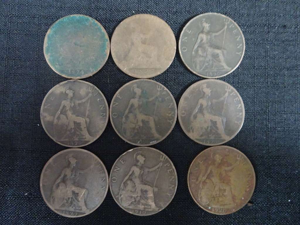 Nine British One Penny Coins - See My Description