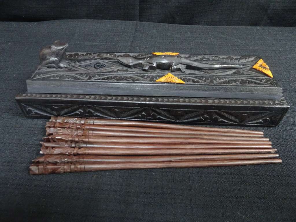 Rare Vintage Wooden Box Containing 8 Chopsticks With Carved Top Depicting A Lizard and Frog
