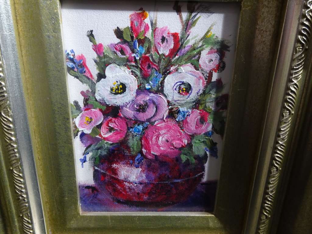 Stunning Oil On Board "Flowers" In Magnificent Decorative Frame - Artist Unknown-Condition Excellent