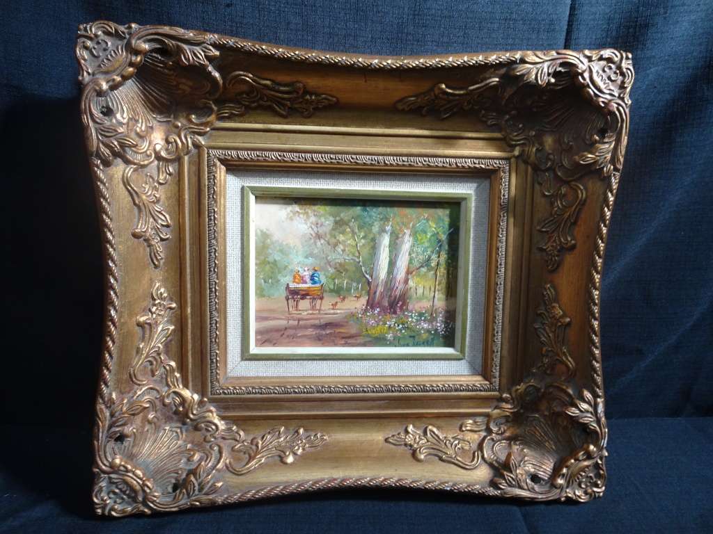 Oil On Board "Donkey Car Scene" By June Tuckett In Beautiful Gilded Frame -In Excellent Condition
