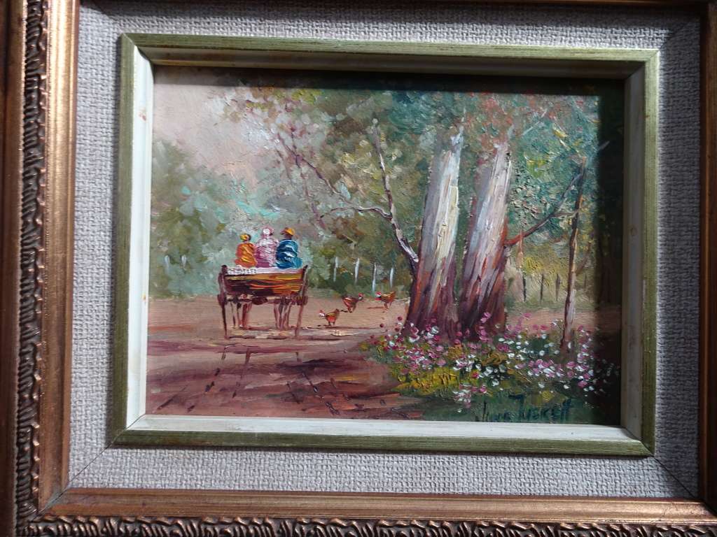 Oil On Board "Donkey Car Scene" By June Tuckett In Beautiful Gilded Frame -In Excellent Condition