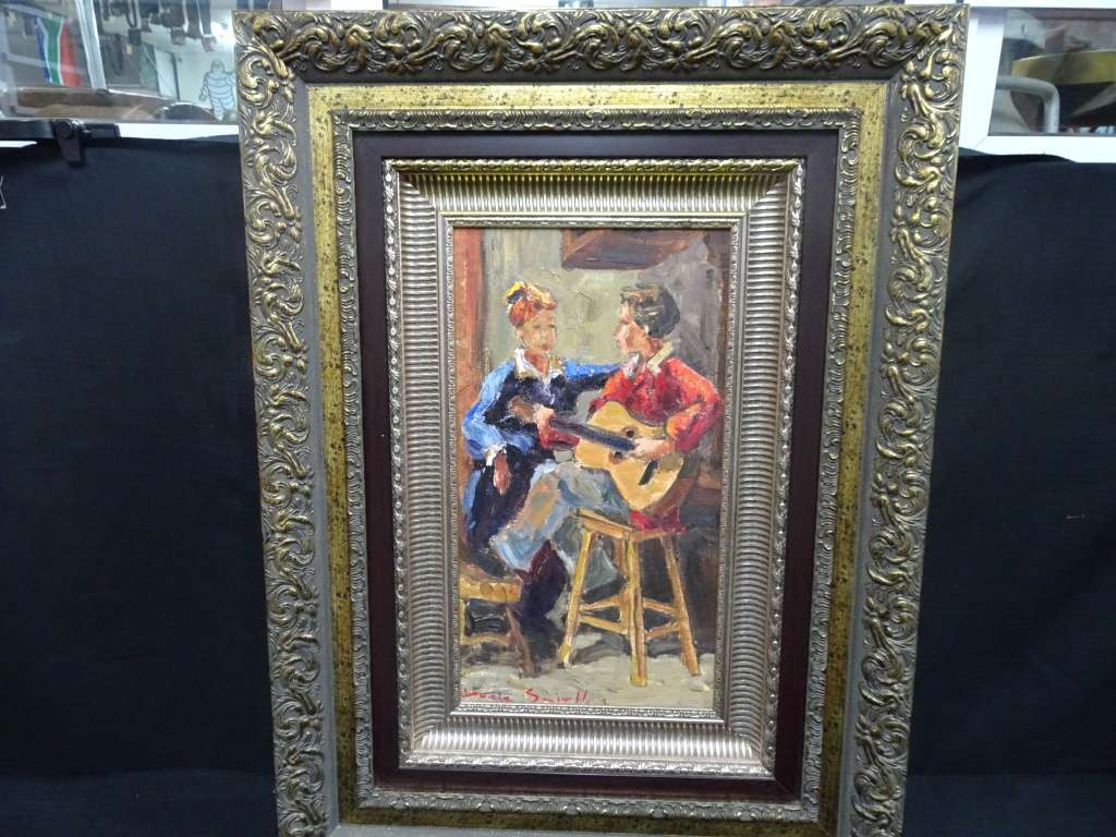 Magnificent Oil On Board "Man Playing Guitar With Lady" By Danie Smith - In Stunning Frame