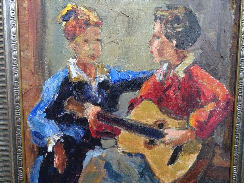 Magnificent Oil On Board "Man Playing Guitar With Lady" By Danie Smith - In Stunning Frame