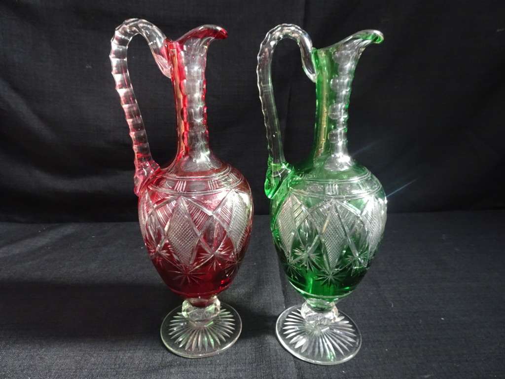 Set Of Two Gorgeous Crystal Glass Carafe With Handles - German c. 1920 - (Relisted) See Description