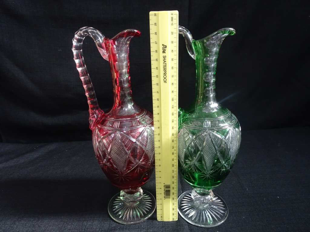 Set Of Two Gorgeous Crystal Glass Carafe With Handles - German c. 1920 - (Relisted) See Description