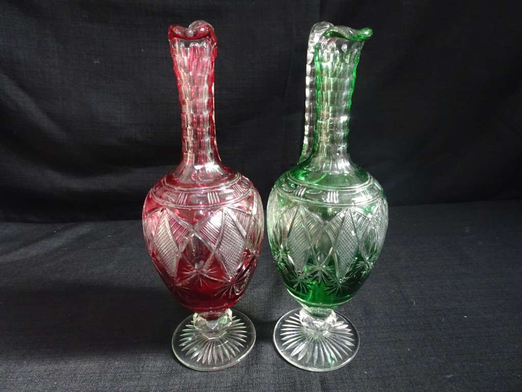 Set Of Two Gorgeous Crystal Glass Carafe With Handles - German c. 1920 - (Relisted) See Description