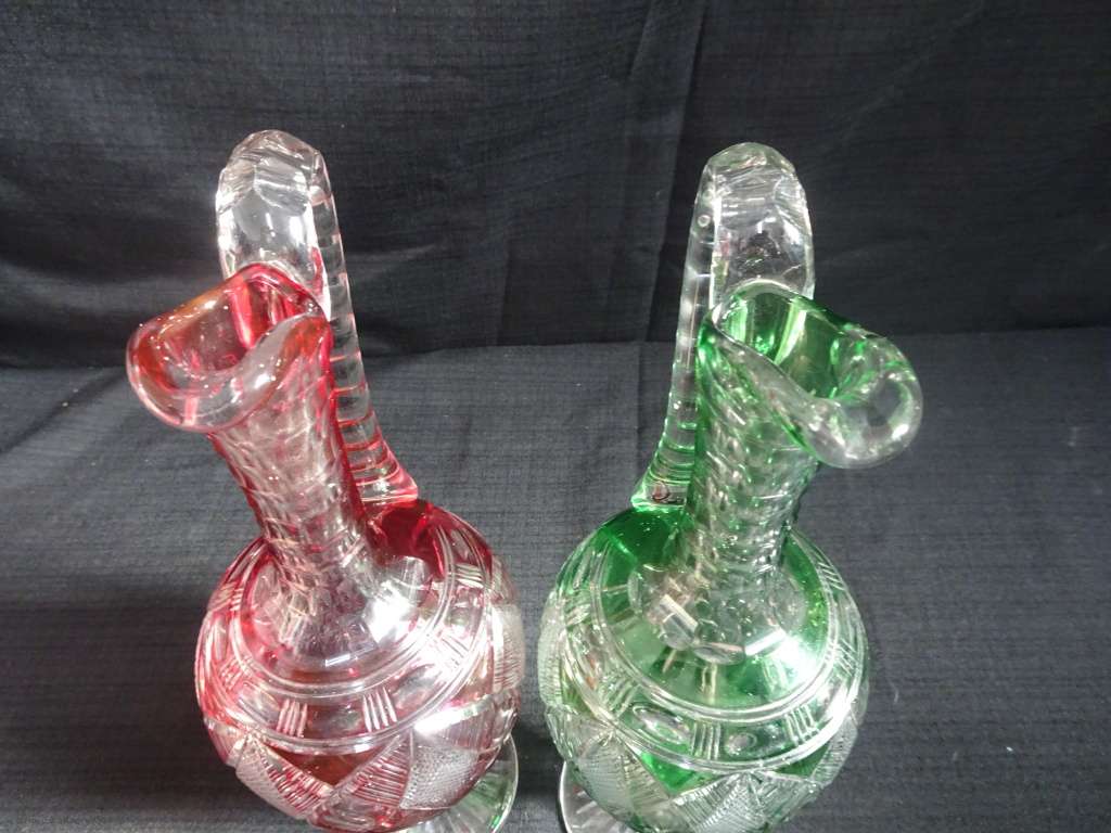 Set Of Two Gorgeous Crystal Glass Carafe With Handles - German c. 1920 - (Relisted) See Description