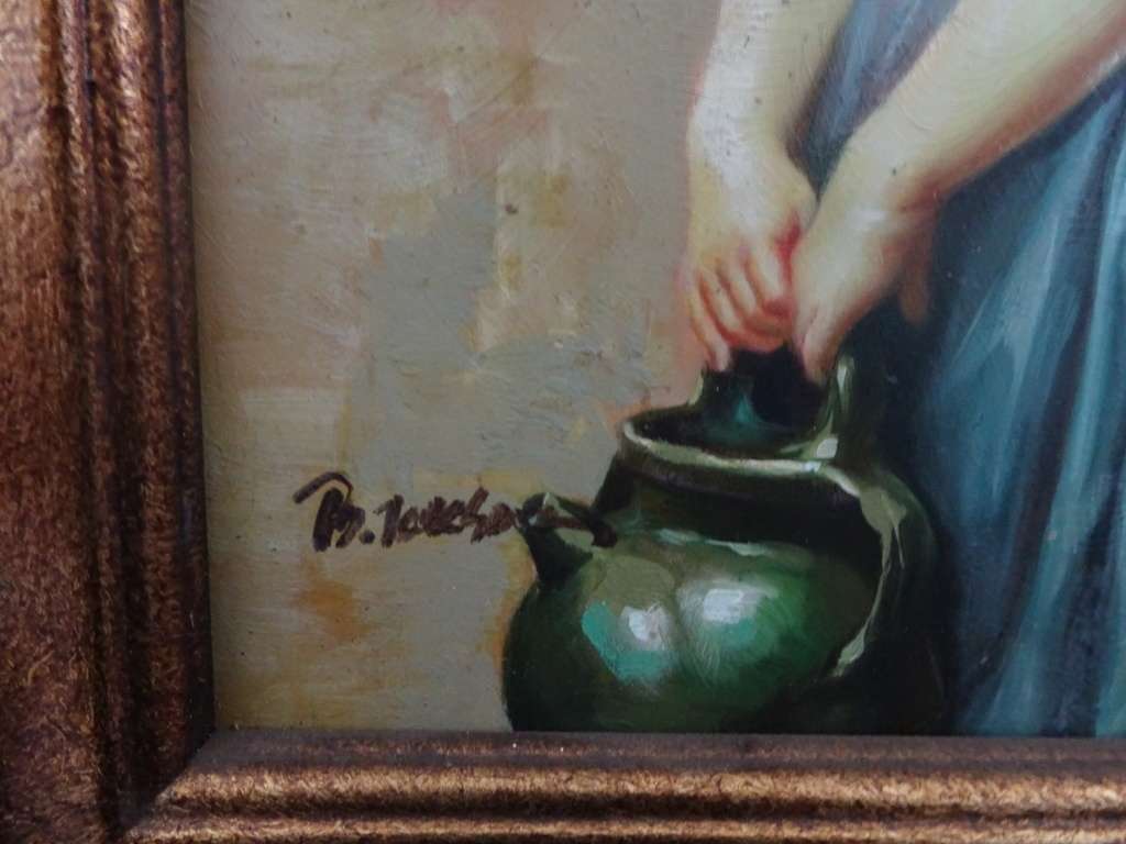 Beautiful European Oil On Board"Girl With Ceramic Water Jug"Artist B Jakson In Stunning Gilded Frame
