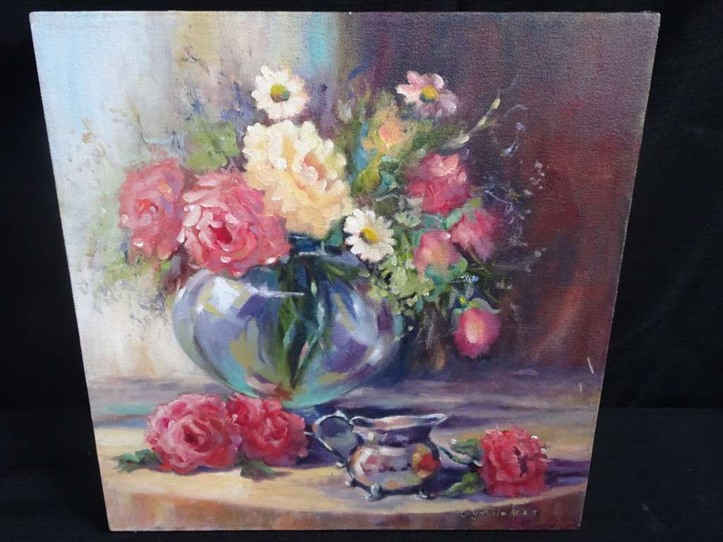 Beautiful Oil On Board "Roses & Daisies In Vase"- By Cynthia Kuun - Unframed - See Description
