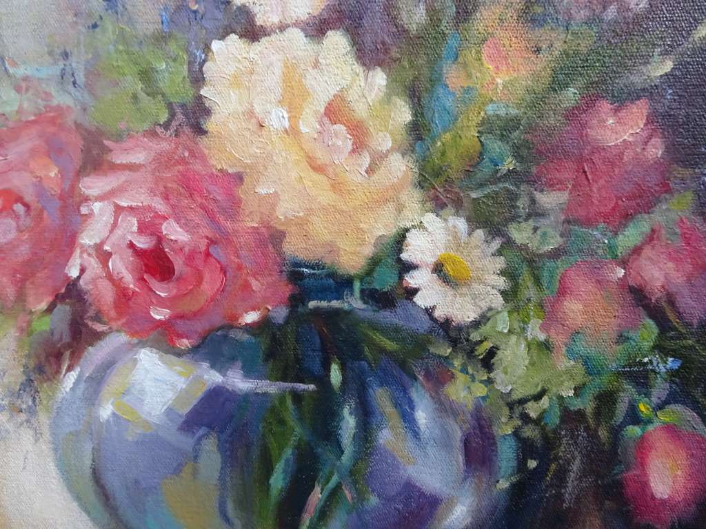 Beautiful Oil On Board "Roses & Daisies In Vase"- By Cynthia Kuun - Unframed - See Description