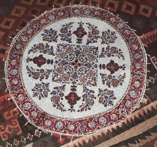 Vintage Ghalamkar hand blocked cotton circular table cloth, made in Iran, 80 cm x 80 cm