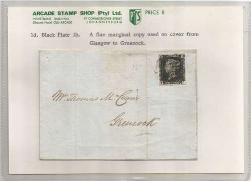 SG2 1d BLACK PLATE 1b (PENNY BLACK ON ORIGINAL DATED COVER) HIGH VALUE