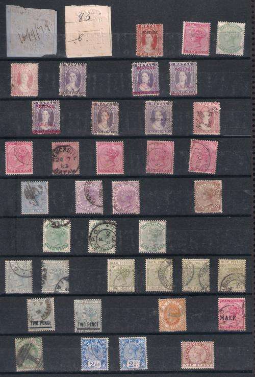 NATAL STAMPS. MINT $ USED ON ALBUM PGES. INCLUDES EARLY REVENUE EMBOSSED STAMPS. 64 STAMPS.