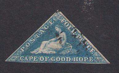 CAPE OF GOOD HOPE.1855-63. 4d BLUE (WHITE PAPER) SACC 6a USED. CV R900.