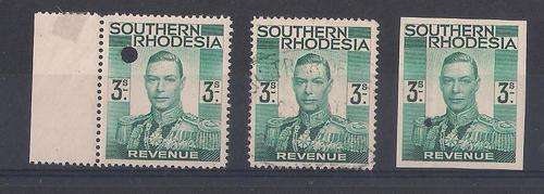 SOUTHERN RHODESIA -GVI 3 s REVENUE IMP PROOF,PERORATED PUNCHED PROOF& USED STAMP.