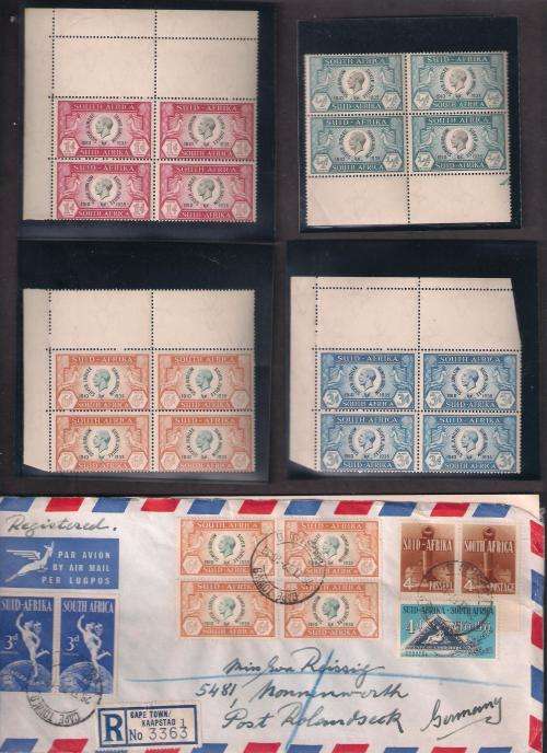 UNION OF SA. 1935 KGV SILVER JUBILEE BLKS OF 4. U/M/MINT. PLUS COVER WITH 6d BLK. (ODD TONE SPOTS).