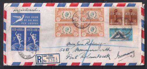 UNION OF SA. 1935 KGV SILVER JUBILEE BLKS OF 4. U/M/MINT. PLUS COVER WITH 6d BLK. (ODD TONE SPOTS).