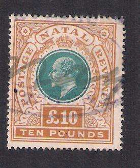 NATAL 1908 POSTAGE & REVENUE 10 POUND FISCAL STAMP. (BF105) CV 75 GBP. SELLING AS IS.