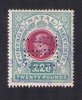 NATAL 1902 POSTAGE & REVENUE 20 POUND FISCAL STAMP. (BF106) CV 125 GBP. SELLING AS IS.