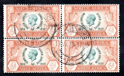 UNION 1935 SILVER JUBILEE USED BLOCK OF (X4). SACC67. CV R1900. AS PER SCANS.