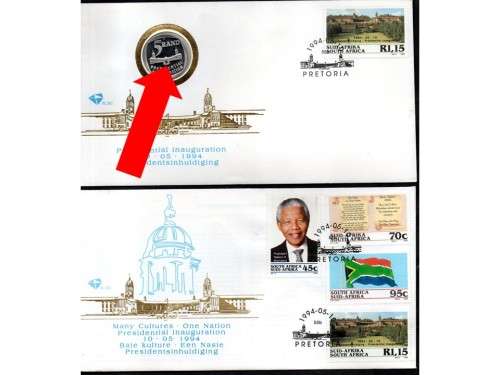 RSA 1994 PRES ELECTION COIN FDC 6.3c `MISSING STEPS` VARIETY + MANDELA FDC 6.3b. AS LISTED. VALUE!