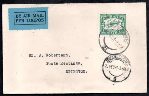 UNION 1931 AIRMAIL COVER FROM JOHANNESBURG TO UPINGTON. AS PER SCANS. AWESOME ITEM.