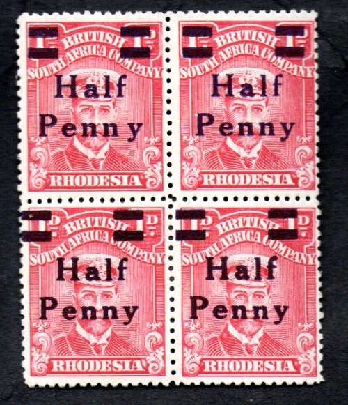 BSAC 1917 SURCH BLK OF (X4) **/*. AS PER SCANS. SACC280/280c. `1/2d LETTERS `N Y` SPACED WIDER`.