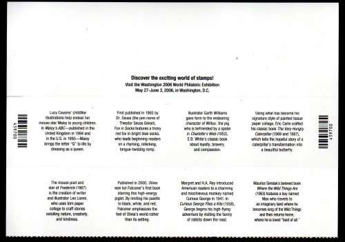 USA 2006 CHILDREN`S BOOK ANIMALS SET OF (X8) IN SELF-ADHESIVE PART SHEET. SG4526-33. CV GBP 7.2.