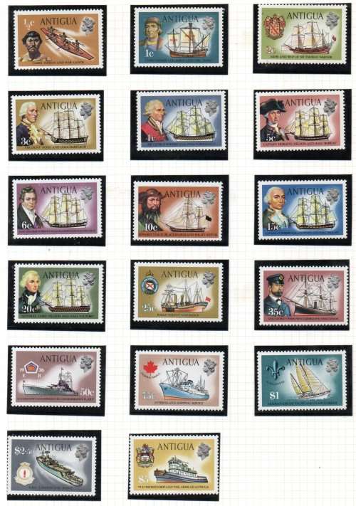 ANTIGUA 1970 NELSON (SHIPS) SET OF (X17) M/MINT SINGLES. AS PER SCANS. SG323/285. CV GBP 35+. NICE.