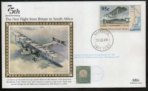 RSA 1995 BENHAM FLIGHT COVER COMMEMORATING 1ST FLIGHT FROM UK TO SA. AS PER SCANS. NICE COVER.