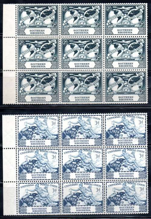SOUTHERN RHODESIA 1949 75TH ANNI OF UPU SHORT SET OF (X2) BLKS OF (X9) UMM. CC50/1. CV R414.