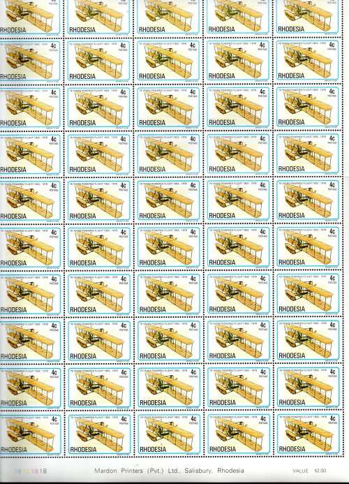RHODESIA 1978 POWERED FLIGHT SET OF (X6) FULL SHEETS OF (X50) EACH UMM. FOLDED. UNCOMMON.