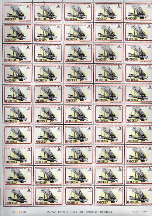 RHODESIA 1978 POWERED FLIGHT SET OF (X6) FULL SHEETS OF (X50) EACH UMM. FOLDED. UNCOMMON.