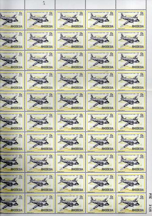 RHODESIA 1978 POWERED FLIGHT SET OF (X6) FULL SHEETS OF (X50) EACH UMM. FOLDED. UNCOMMON.