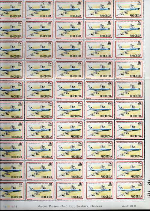 RHODESIA 1978 POWERED FLIGHT SET OF (X6) FULL SHEETS OF (X50) EACH UMM. FOLDED. UNCOMMON.