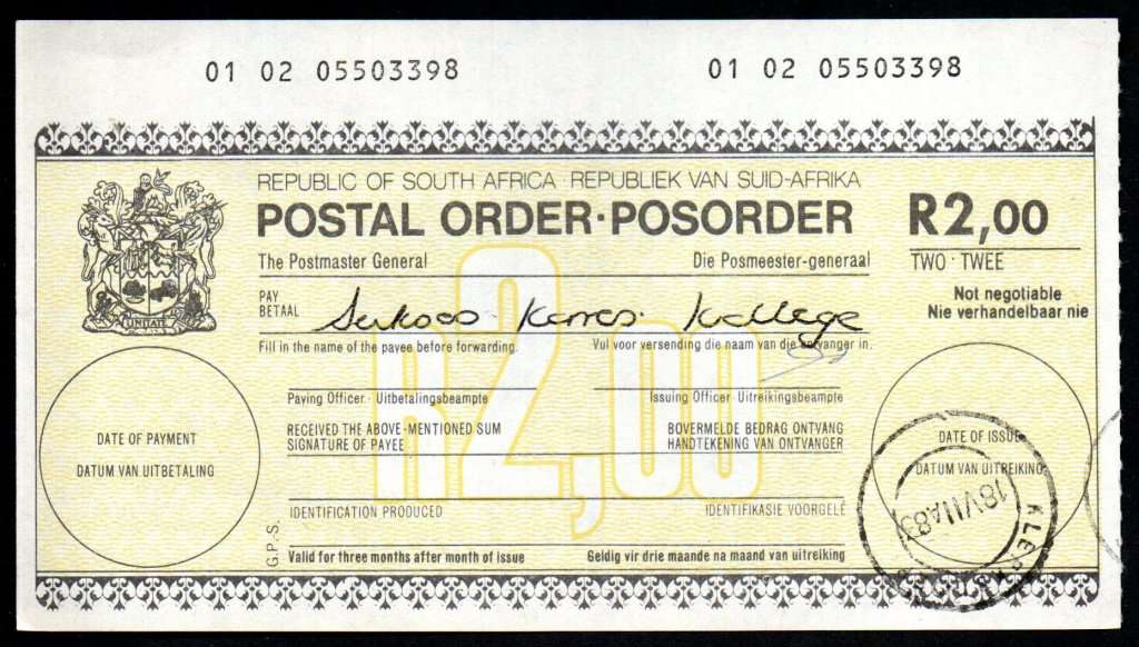 RSA 1983 R2 POSTAL ORDER. AS PER SCANS. NICE ITEM.