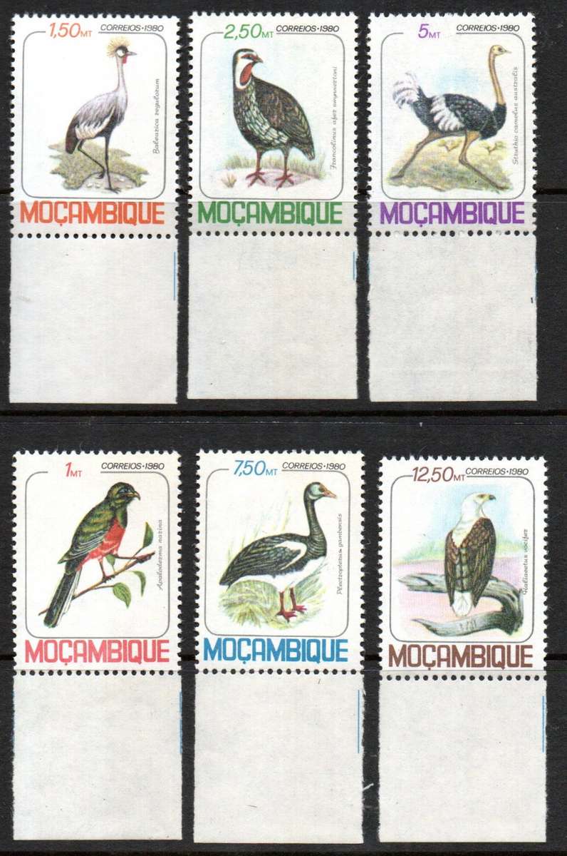 MOZAMBIQUE 1980 BIRDS UMM SET OF (X6) MARGINAL SINGLES. SG832/7. AS PER SCANS. NICE THEMATIC SET.