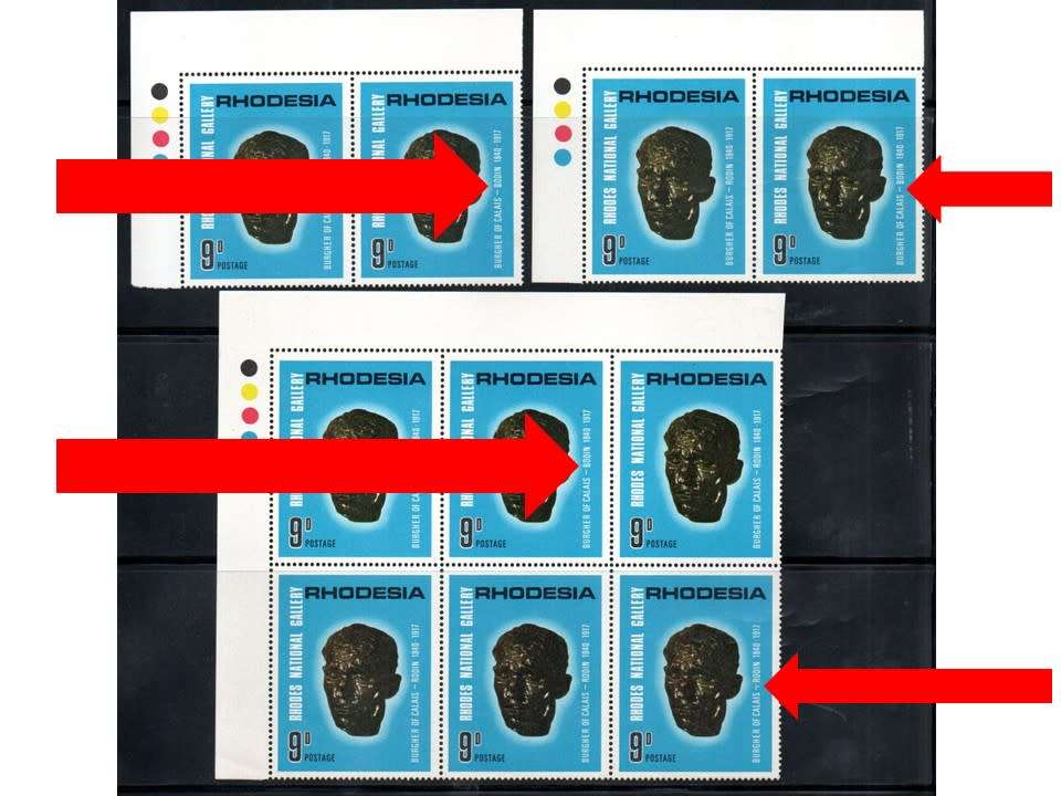 RHODESIA 1967 GALLERY UMM 9d BLK OF (X6) `BODIN FLAW+DOT UNDER HYPHEN` + PAIRS WITH `BODIN FLAWS`.