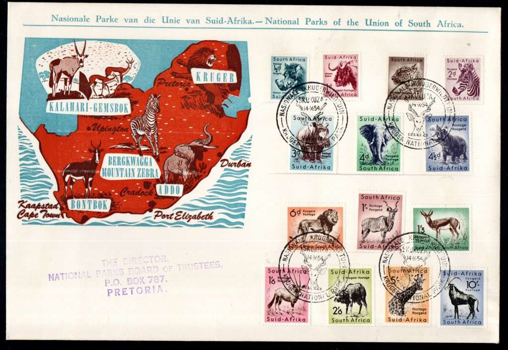 UNION 1954 DEF ISSUE ANIMALS SET OF (X14) ON FIRST DAY COVER. AS PER SCANS. NICE ITEM.